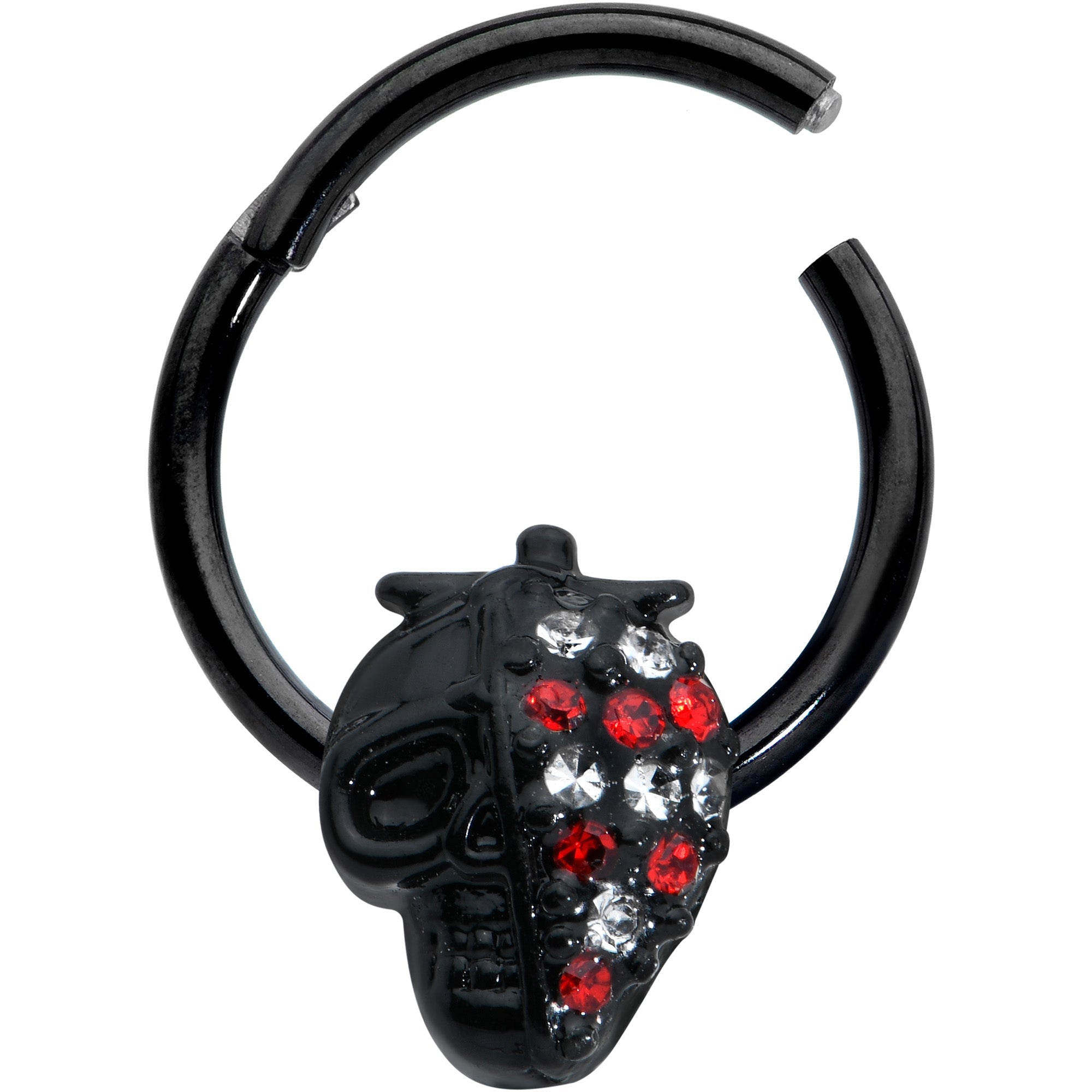16G 3/8 Clear Red Gem Black Skull Halloween Hinged Segment Ring