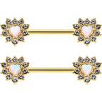 14G 9/16 White Synthetic Opal Gold Tone Sun Heart Nipple Ring Set