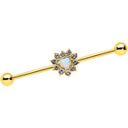 14G White Synth Opal Gold Tone Sun Heart Industrial Barbell 38mm