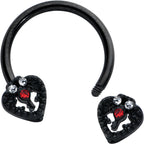 16G 3/8 Clear Red Gem Black Key Heart Horseshoe Circular Barbell