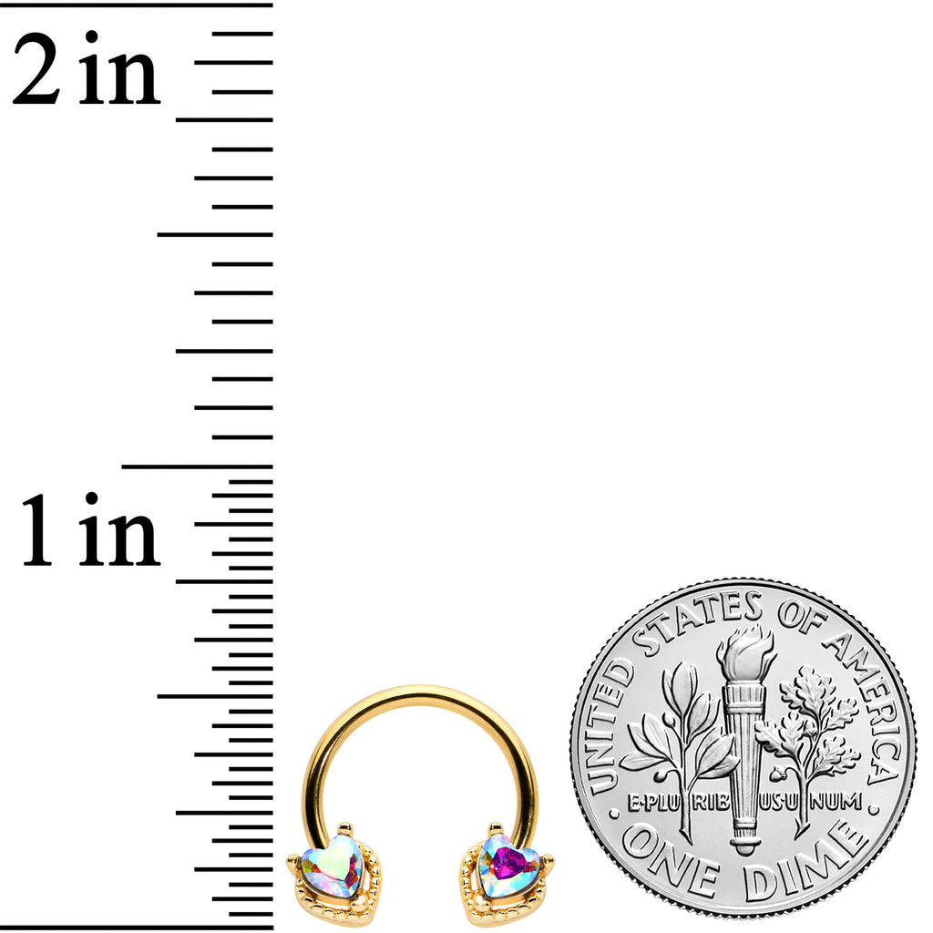 16G 3/8 Aurora Gem Gold Tone Duo Heart Horseshoe Circular Barbell