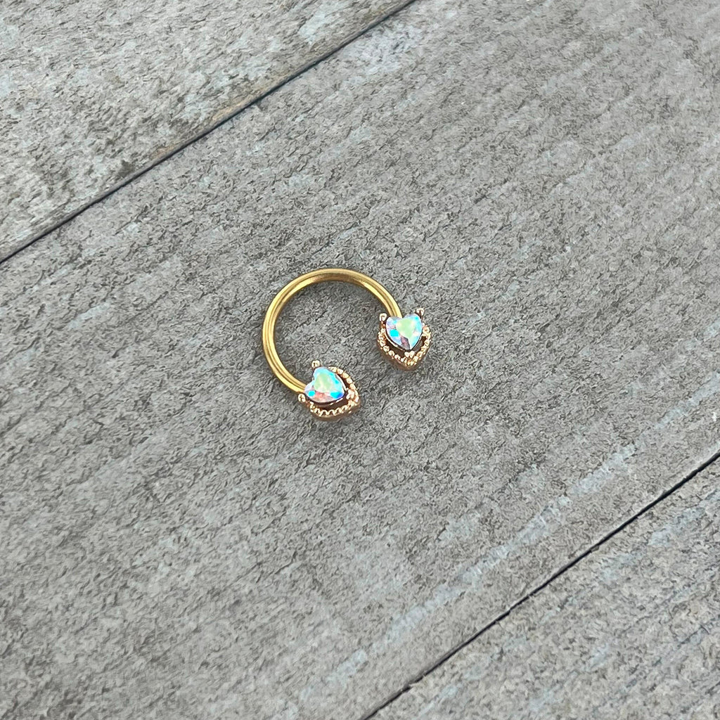 16G 3/8 Aurora Gem Gold Tone Duo Heart Horseshoe Circular Barbell