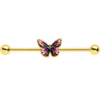 14G Gold Tone Red Blue Pink Butterfly Industrial Barbell 38mm