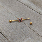 14G Gold Tone Red Blue Pink Butterfly Industrial Barbell 38mm