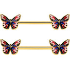 14G 5/8 Gold Tone Pink Blue Red Butterfly Barbell Nipple Ring Set