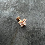 16G 1/4 Clear CZ Gem Rosy Hue Internal Thread Butterfly Labret