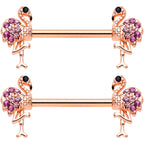 14G 9/16  Pink Gem Rose Gold Hue Fashion Flamingo Nipple Ring Set