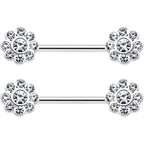14G 9/16 Clear Gem Whimsy Flower Barbell Nipple Ring Set