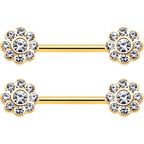 14G 9/16 Clear Gem Gold Tone Whimsy Flower Barbell Nipple Ring Set
