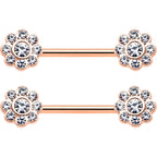 14G 9/16 Clear Gem Rosy Tone Whimsy Flower Barbell Nipple Ring Set