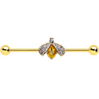 14G Clear Yellow Gem Gold Tone Style Bug Industrial Barbell 38mm