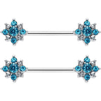 14G 9/16 Clear Blue Gem Opulent Flower Barbell Nipple Ring Set