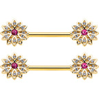 14G 9/16 Clear Pink Gem Gold Tone Starry Flower Nipple Ring Set