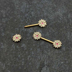14G 9/16 Clear Pink Gem Gold Tone Starry Flower Nipple Ring Set