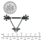 14G 9/16 Yellow Gem Black Butterfly Chain Dangle Nipple Ring Set