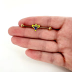 14G Blue Purple Gem Gold Tone Tropic Fan Industrial Barbell 38mm