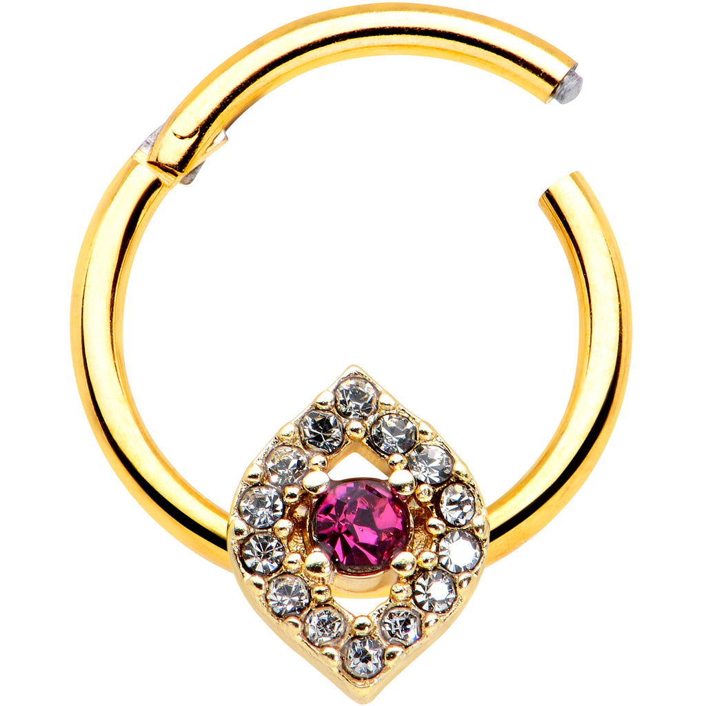 16G 3/8 Clear Pink Gem Gold Tone Open Eye Hinged Segment Ring