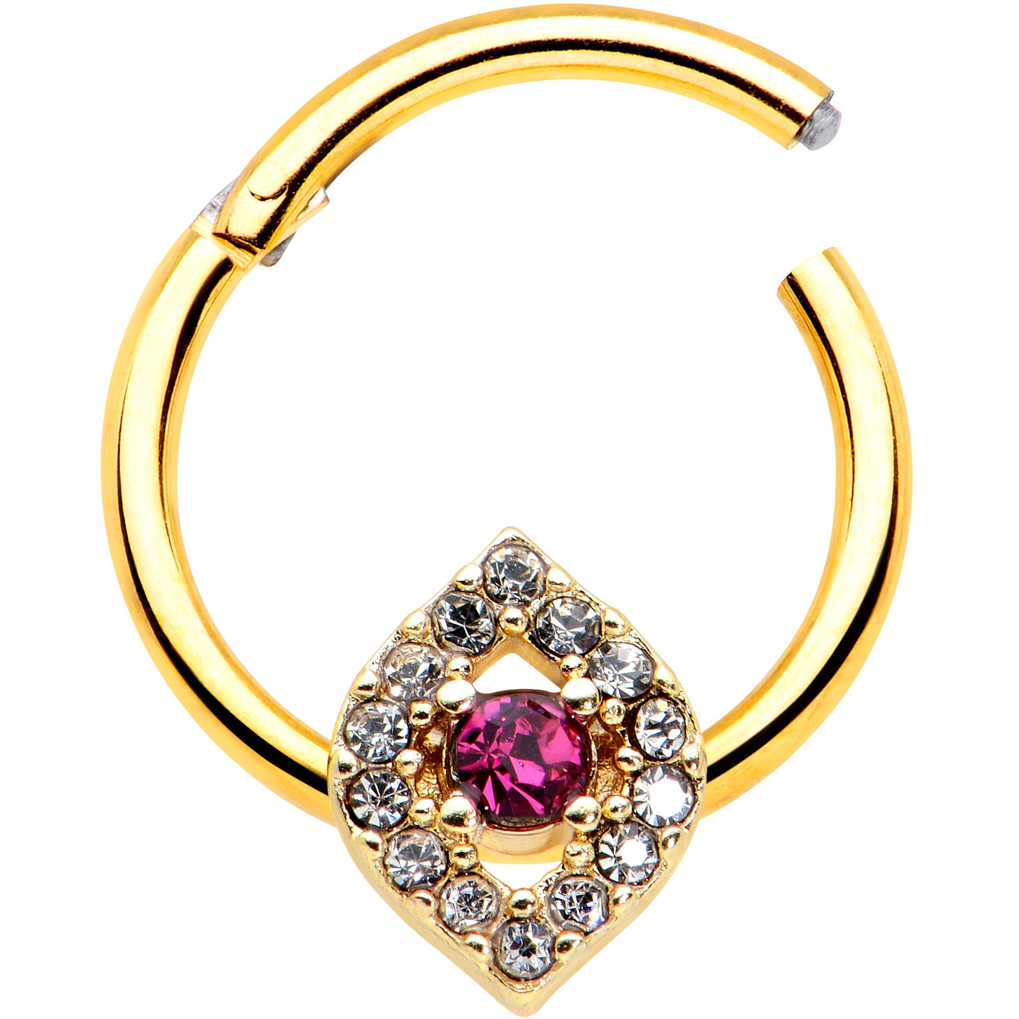 16G 3/8 Clear Pink Gem Gold Tone Open Eye Hinged Segment Ring