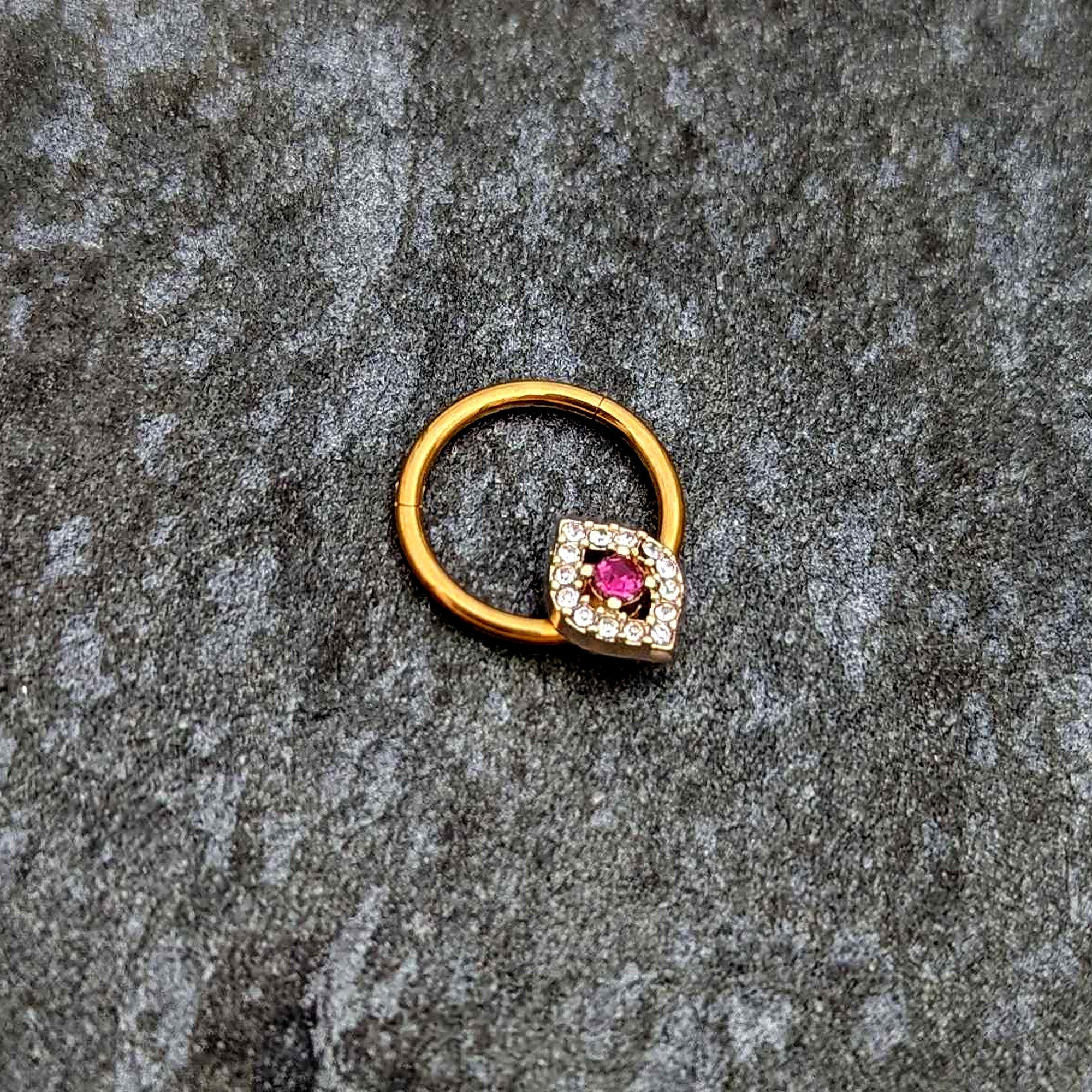 16G 3/8 Clear Pink Gem Gold Tone Open Eye Hinged Segment Ring