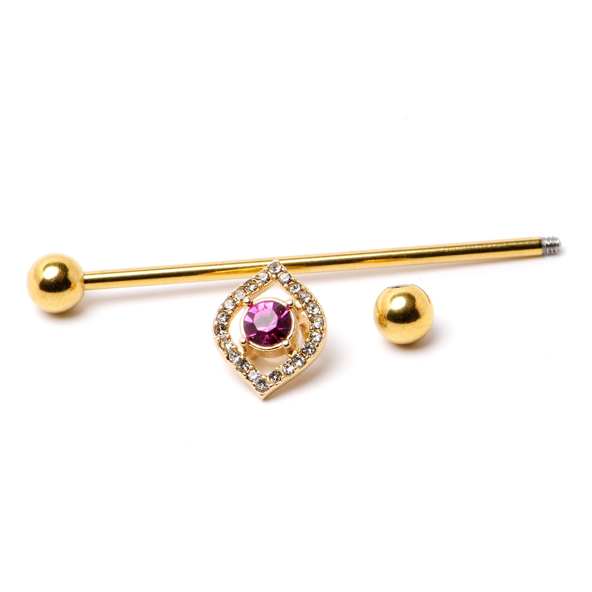 14G Clear Pink Gem Gold Tone Open Eye Industrial Barbell 38mm