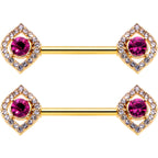 14G 9/16 Clear Pink Gem Gold Tone Open Eye Barbell Nipple Ring Set