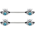 14G 9/16 Blue Gem Bee Beautiful Insect Barbell Nipple Ring Set