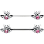 14G 9/16 Pink Gem Bee Beautiful Insect Barbell Nipple Ring Set