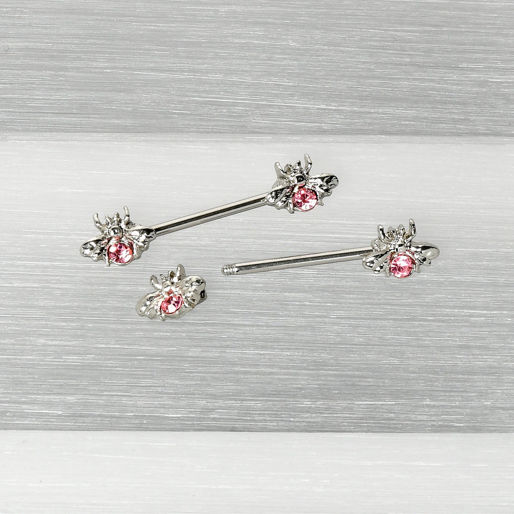 14G 9/16 Pink Gem Bee Beautiful Insect Barbell Nipple Ring Set