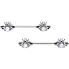 14G 9/16 White Faux Opal Bee Beauty Insect Barbell Nipple Ring Set