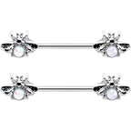 14G 9/16 White Faux Opal Bee Beauty Insect Barbell Nipple Ring Set