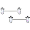 14G 9/16 White Faux Opal Deco Ovals Barbell Nipple Ring Set