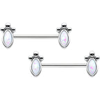 14G 9/16 White Faux Opal Deco Ovals Barbell Nipple Ring Set