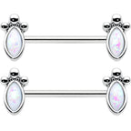 14G 9/16 White Faux Opal Deco Ovals Barbell Nipple Ring Set