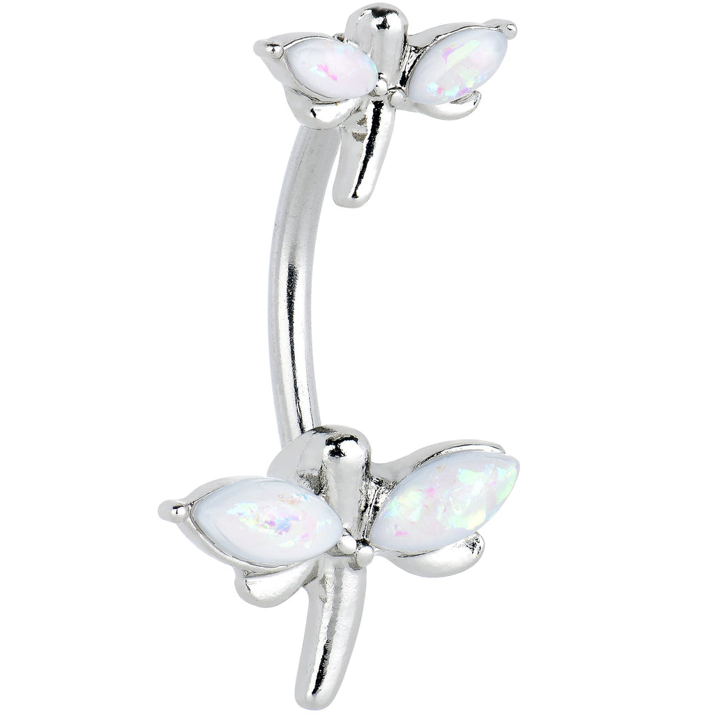 White Opalescent Simple Stylized Dragonfly Double Mount Belly Ring
