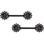 14G 9/16 Clear Gem Black Midnight Flower Barbell Nipple Ring Set