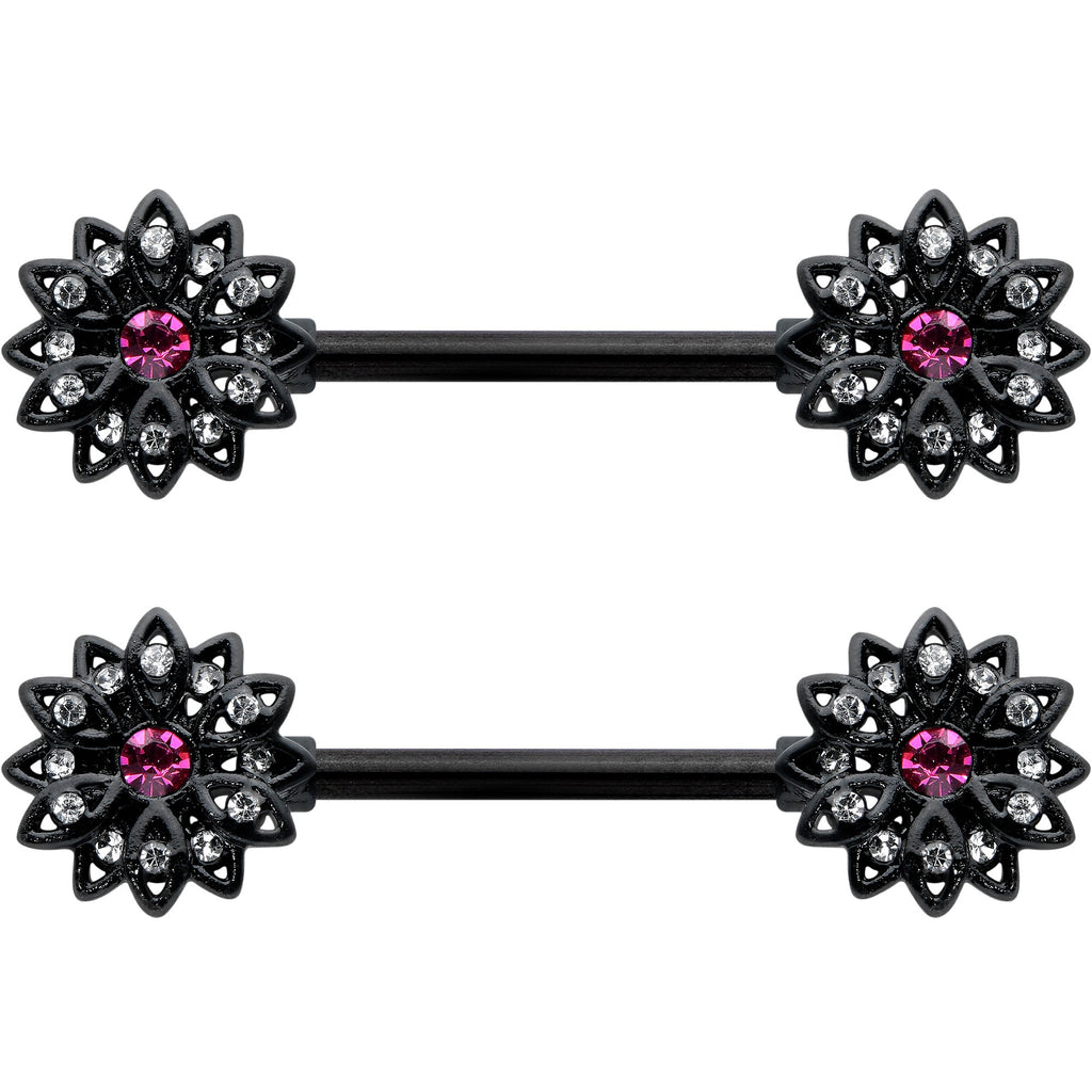 14G 9/16 Clear Gem Black Midnight Flower Barbell Nipple Ring Set