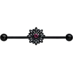 14G Clear Pink Gem Black Midnight Flower Industrial Barbell 38mm