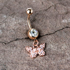 Clear Gem Rose Gold Tone Baroque Butterfly Rococo Dangle Belly Ring