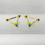 14G 9/16 Blue Gem Gold Hue Tropic Fan Chain Dangle Nipple Ring Set