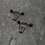 14G 5/8 Purple Gem Black Goth Hourglass Chain Dangle Nipple Ring Set