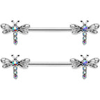 14G 9/16 Aurora Gem Ornate Dragonflies Barbell Nipple Ring Set