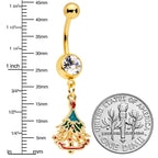 Clear Red Gem Gold Tone Decorated Holiday Tree Dangle Belly Ring