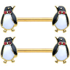 14G 9/16 Red Gem Gold Hue Bow Tie Penguin Barbell Nipple Ring Set
