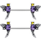 14G 9/16 Purple Yellow Gem Dragonfly Barbell Nipple Ring Set