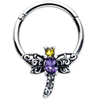 16G 3/8 Purple Yellow Gem Dragonfly Hinged Segment Ring