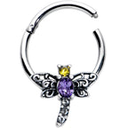16G 3/8 Purple Yellow Gem Dragonfly Hinged Segment Ring