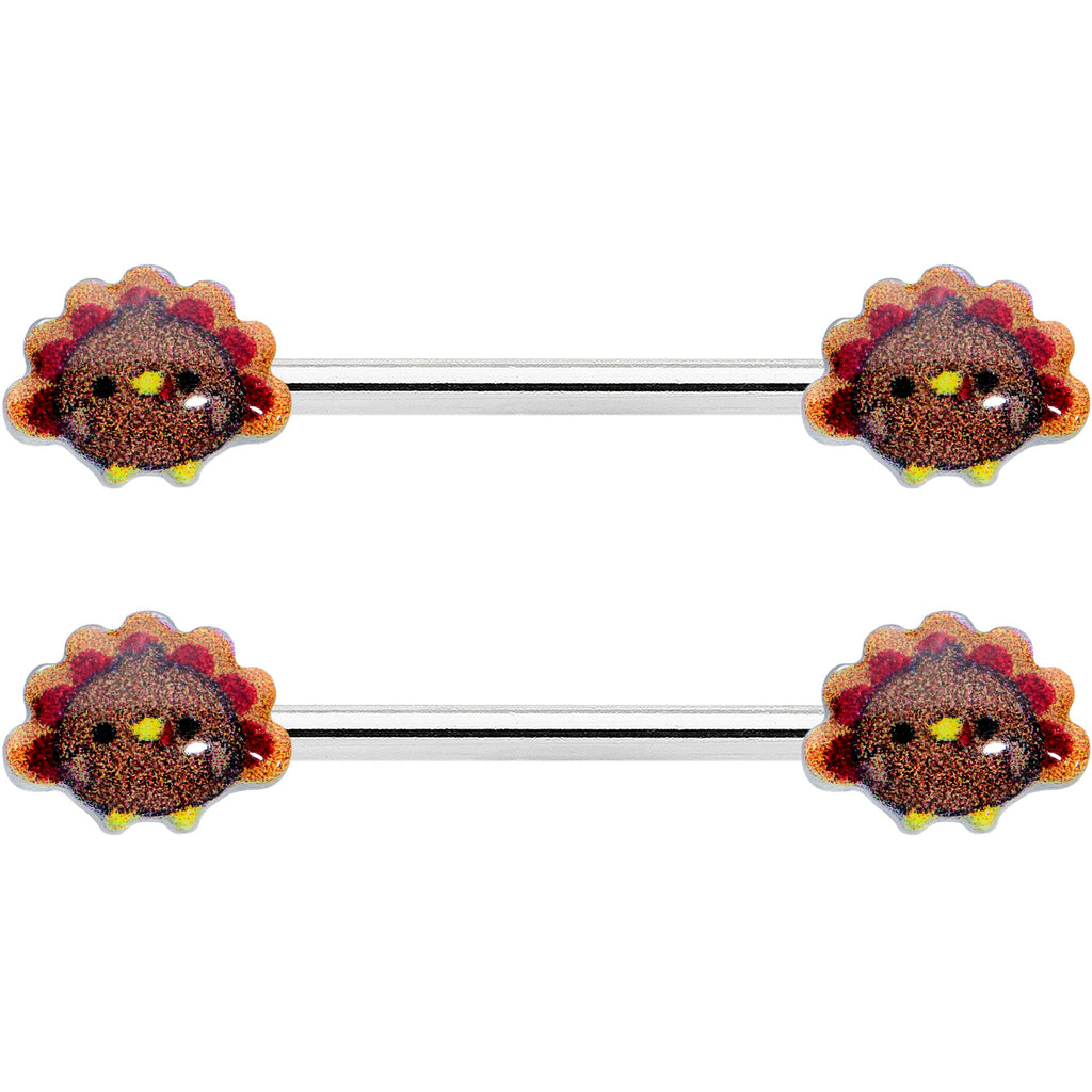 14G 9/16 Cute Colorful Turkeys Barbell Nipple Ring Set
