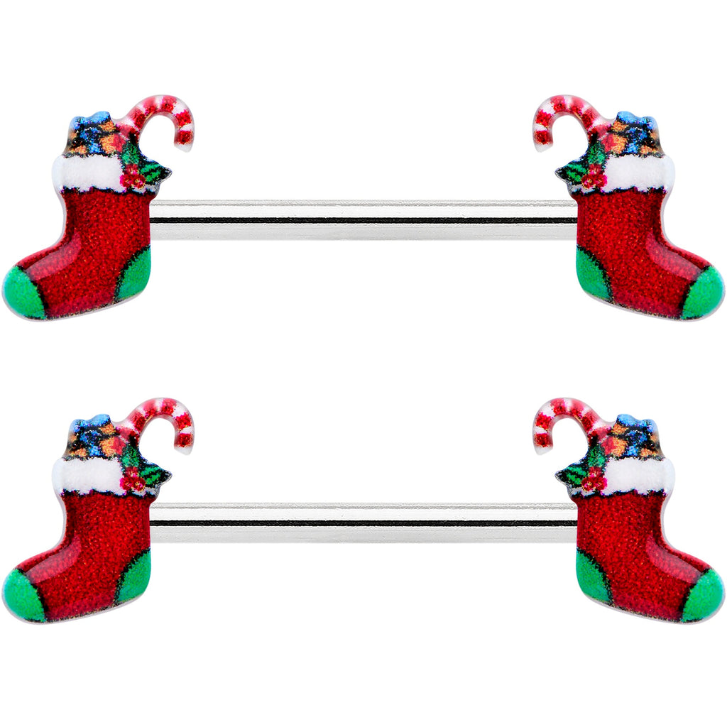 14G 9/16 Cheery Christmas Stocking Red Barbell Nipple Ring Set