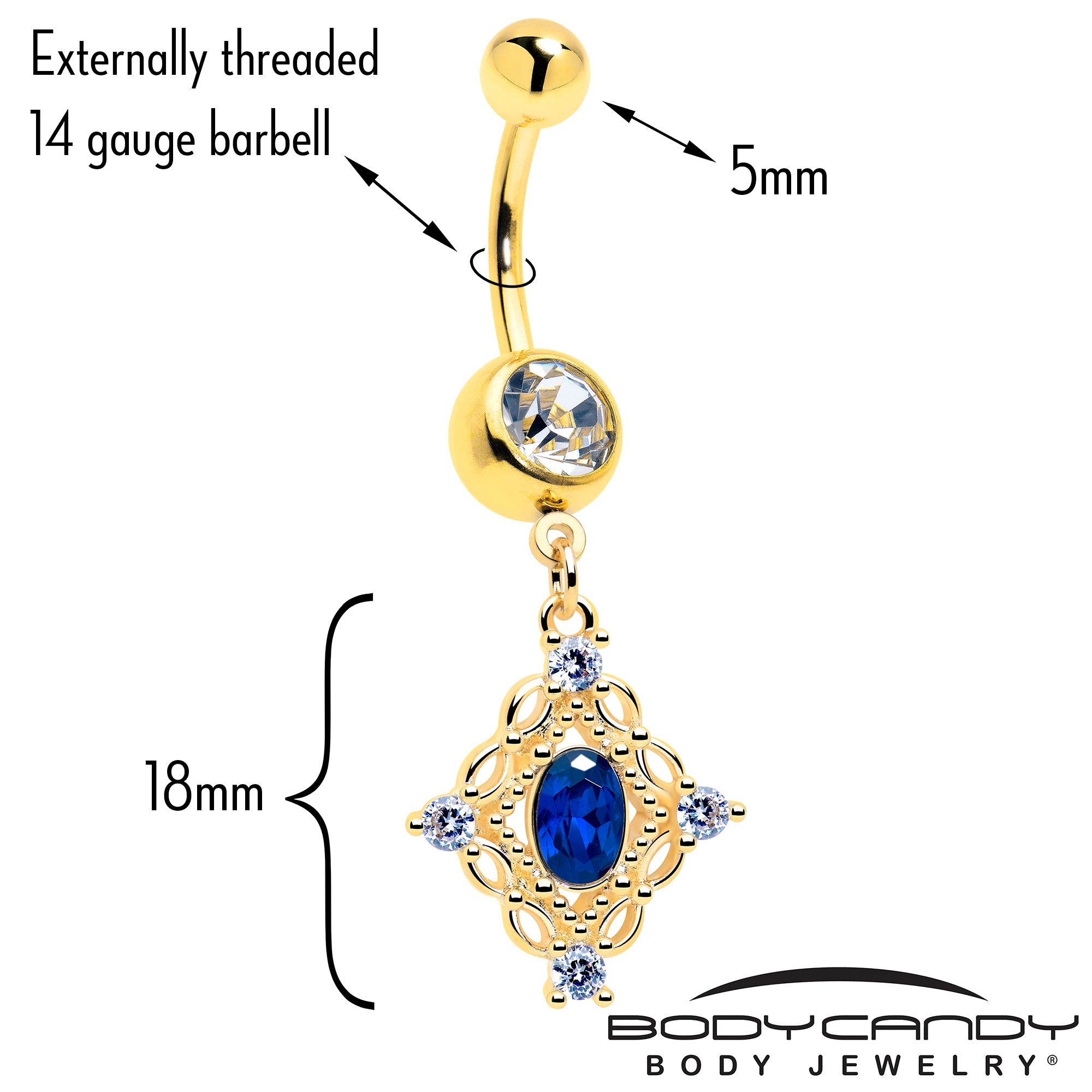 Clear Blue Gem Gold Tone Rich Rhombus Dangle Belly Ring