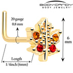 20G 7mm Red Yellow Gem Gold Tone Maple Leaf L Shape Nose Ring